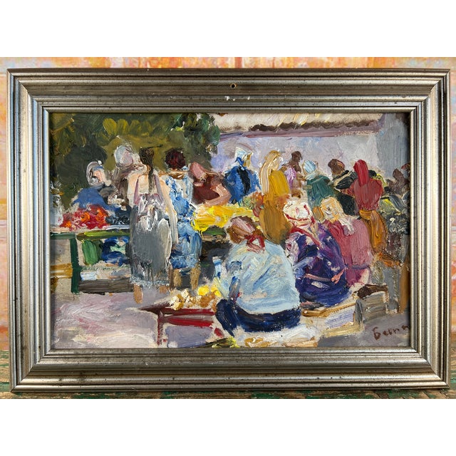 Superb impressionist painting capturing the vibrant atmosphere of a market in Russia, created in 1981 by the artist Iakov...