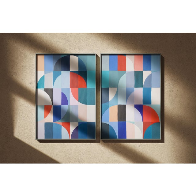 2020s 2026, Bauhaus Geometric Painting Diptych, Below the Sea Level, Acrylic Paint on Watercolor Paper by Natalia Roman For Sale - Image 5 of 10