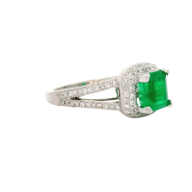 1.39 Colombian Emerald Diamond 14k White Gold Double-Halo Ring, Gia Certified, Size 5.75 For Sale In Los Angeles - Image 6 of 9