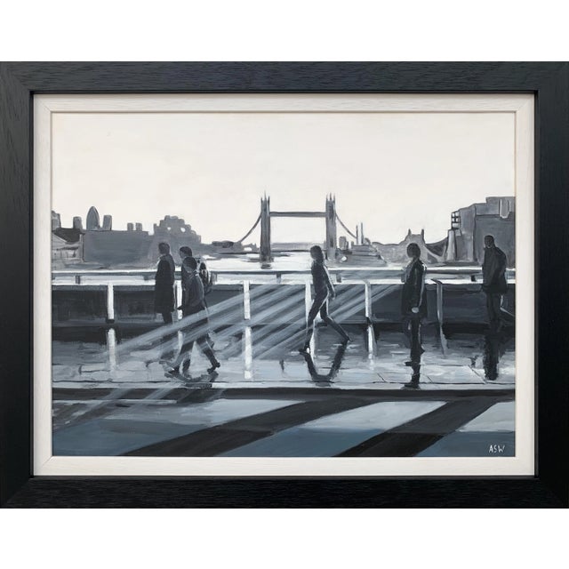 Angela Wakefield, Black & White Painting of People in Sunshine on London Bridge with Tower Bridge, 2011 For Sale - Image 9 of 9