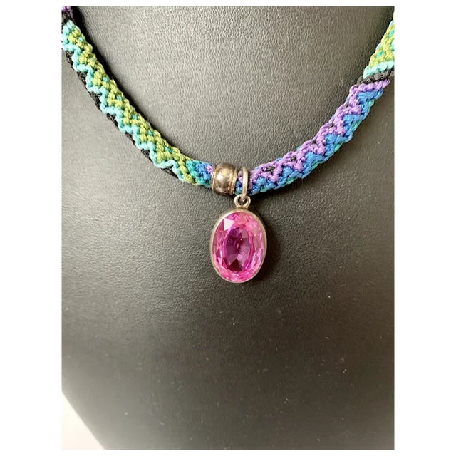 Contemporary Sterling and Pink Stone Macrame Necklace For Sale - Image 3 of 12