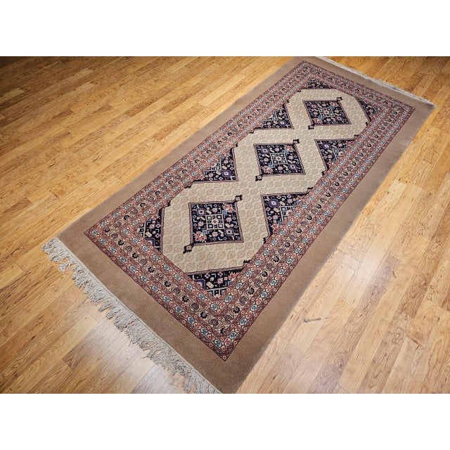 Vintage Persian Malayer Gallery Rug, Hand-Knotted Wool, Geometric Pattern, 5x10, Camehair & Navy For Sale - Image 11 of 13