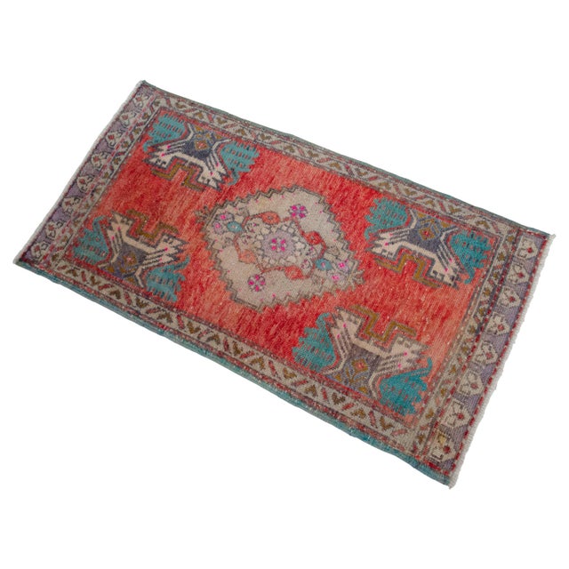 Small Vintage Turkish Oushak Rug 2x3 Hand Knotted Wool Red Teal Entryway Mat Handmade Doormat For Sale - Image 6 of 14