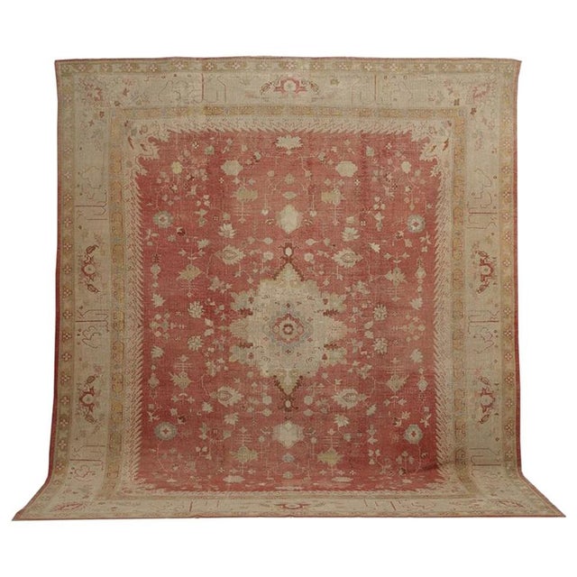 Antique Oushak Carpet, Handmade Turkish Oriental Rug, Beige, Coral, Soft Colors For Sale - Image 18 of 18