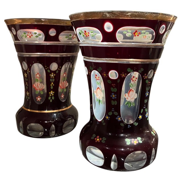 Antique Bohemian Amber Glass Goblets with Hand-Painted Floral Decoration, Set of 2 For Sale - Image 10 of 10
