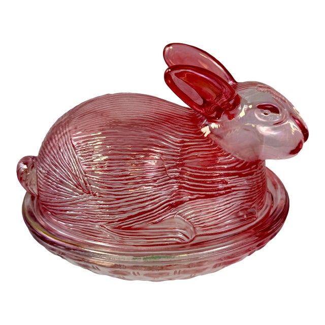 Nesting Bunny Pink Cranberry Candy Dish Trinket Box W/ Lid Easter Spring For Sale