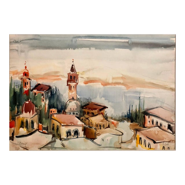 Mordechai Avniel, 1940s Israeli Modernist Watercolor Painting Harbor Landscape Bezalel School For Sale