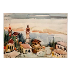 Mordechai Avniel, 1940s Israeli Modernist Watercolor Painting Harbor Landscape Bezalel School