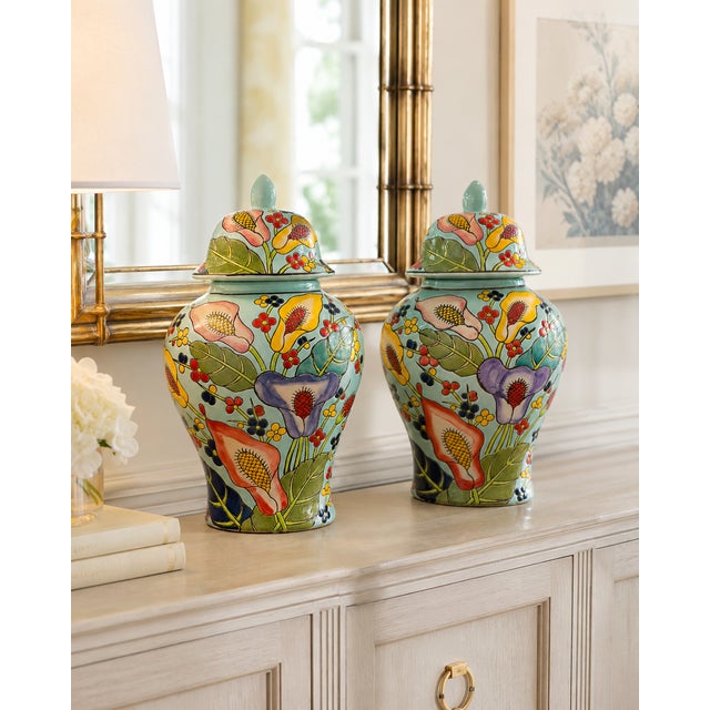 Hand Painted Floral Colorful Ceramic Ginger Jars With Lids - a Pair Kindly note photo number two (2) is a digital...