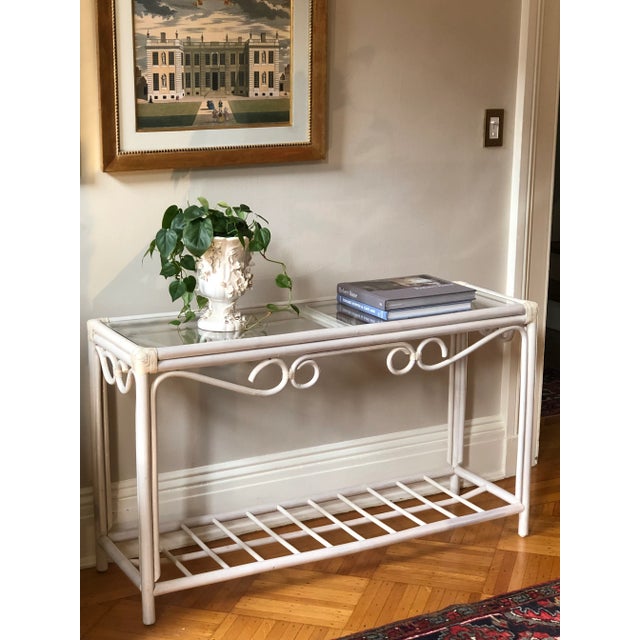 Mid 20th Century Vintage Palm Beach Regency Glass Top Rattan Console Table For Sale - Image 5 of 12