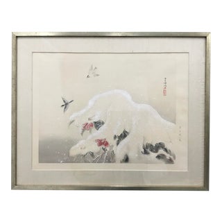 “Show -Covered Camellias and Two Marsh Tits” Vintage Woodblock Print by Shiho (Sakakibara) For Sale