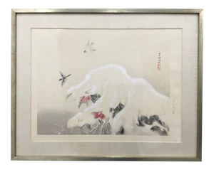 “Show -Covered Camellias and Two Marsh Tits” Vintage Woodblock Print by Shiho (Sakakibara)