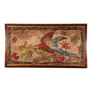Antique American Large Framed Scarlet Macaw Hand Hooked Rug