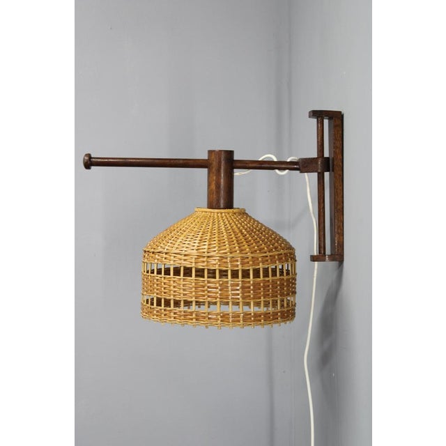 Mid-Century Adjustable Wooden Wall Lamp with Rattan Shade, 1970s For Sale - Image 6 of 15
