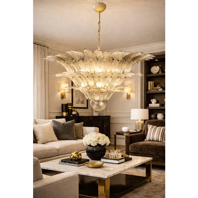 Italian Palmette Ceiling Light | 3-Tier Murano Chandelier With 104 Smoked Glasses For Sale In Los Angeles - Image 6 of 6