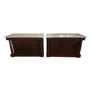 Pair of Baker Furniture Neoclassical Mahogany Chests With Original Stone Tops & Brass-Tone Hardware For Sale