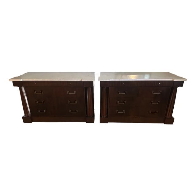 Pair of Baker Furniture Neoclassical Mahogany Chests With Original Stone Tops & Brass-Tone Hardware For Sale