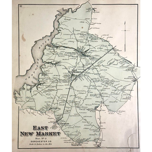 Original engraving map of East New Market, Cambridge Maryland area of Dorchester County, Maryland from the "Atlas of...