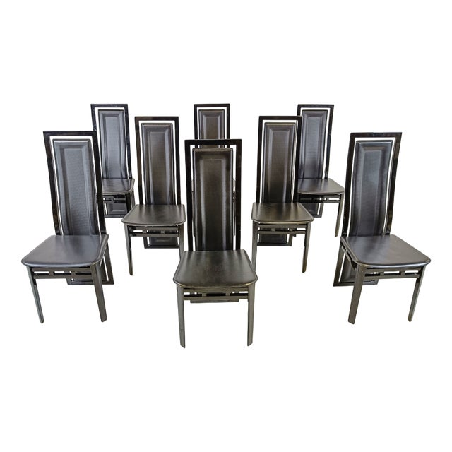 Modern Italian Lacquered Wood and Leather Dining Chairs, 1980s, Set of 8 For Sale