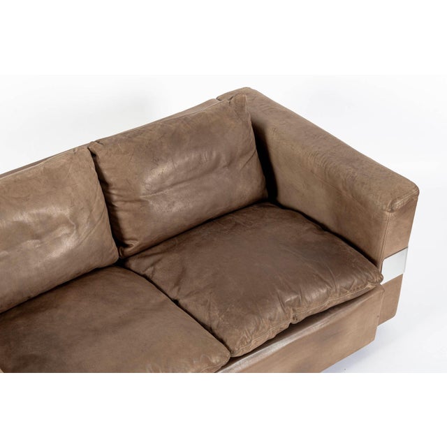 Mid Century German Distressed Brown Leather Sofa Style of Robert Haussmann For Sale - Image 11 of 14