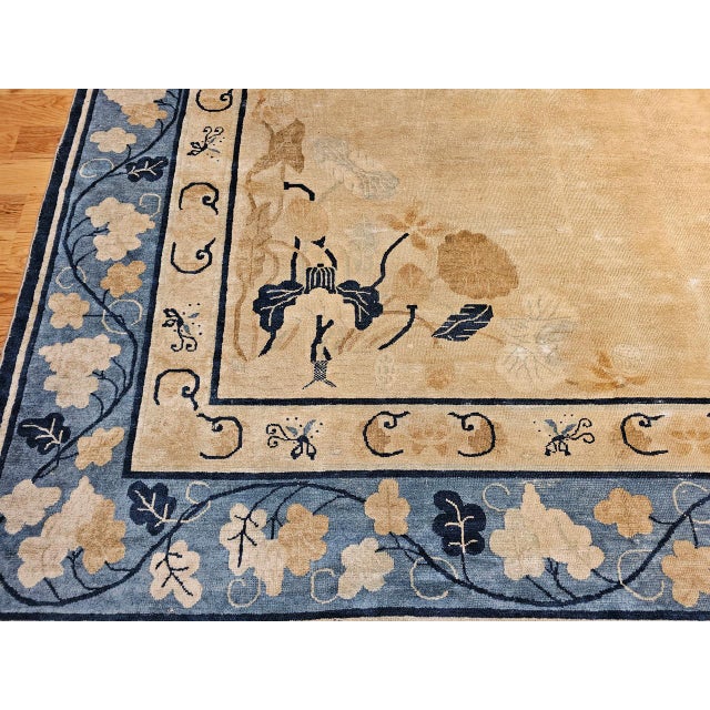 19th Century Antique Chinese Peking Rug, Handwoven Open Pattern, Tan & Blue, 12' X 14' For Sale - Image 13 of 17