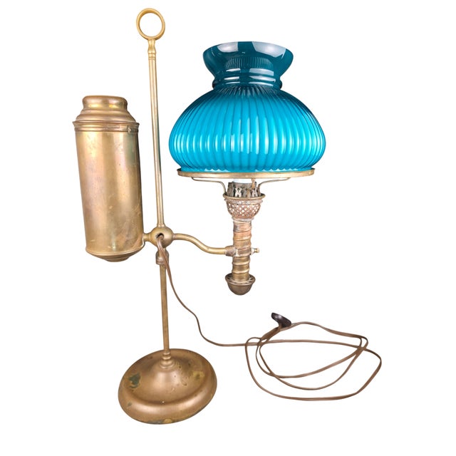 Mid-Century Modern 1881 Manhattan Brass Co. 'Perfection' Electrified Student Lamp With Turquoise Cased Glass Shade For Sale - Image 3 of 3