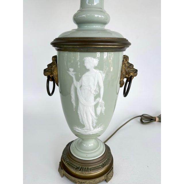 Late 19th Century French Celadon Pâte-Sur-Pâte Porcelain Lamps With Custom Shantung Silk Shades - a Pair For Sale - Image 15 of 18