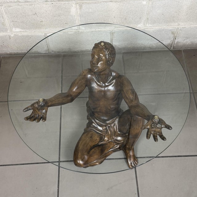 Round Atlas Man Coffee Table in Carved Wood and Glass For Sale - Image 3 of 18