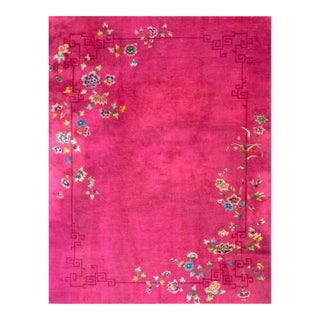 1920s Bright Pink Floral Modern Antique Chinese Deco Rug 8' 10" X 11' 6" Knotted Wool Carpet For Sale