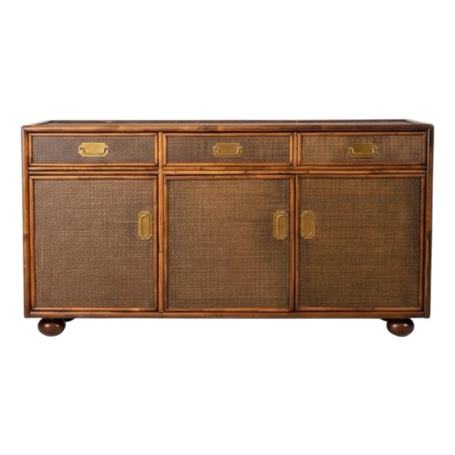 Regency & Campaign Style Faux Bamboo Grasscloth Wrapped Credenza / Cabinet / Sideboard For Sale