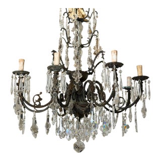 French Crystal & Patinated Bronze 8 Light Chandelier For Sale
