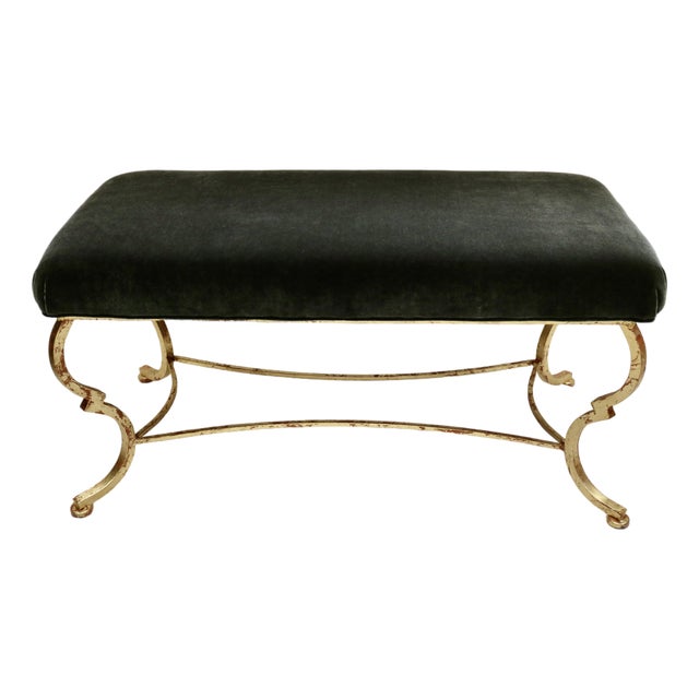 Vintage Bench Gilt Gold Leaf Over Iron Frame With Silk Velvet Upholstery For Sale