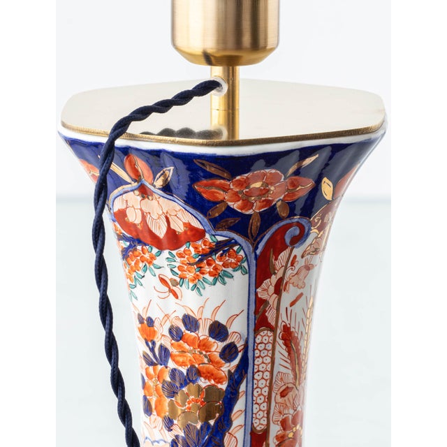 Metal Vintage Delft Imari Ceramic Table Lamps, New Japanese Block Print Lampshades, Set of 2 For Sale - Image 7 of 18