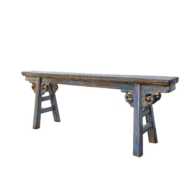 Rustic Distressed Brown Light Blue Village Slim Narrow Scroll Apron Wood Bench For Sale - Image 3 of 7