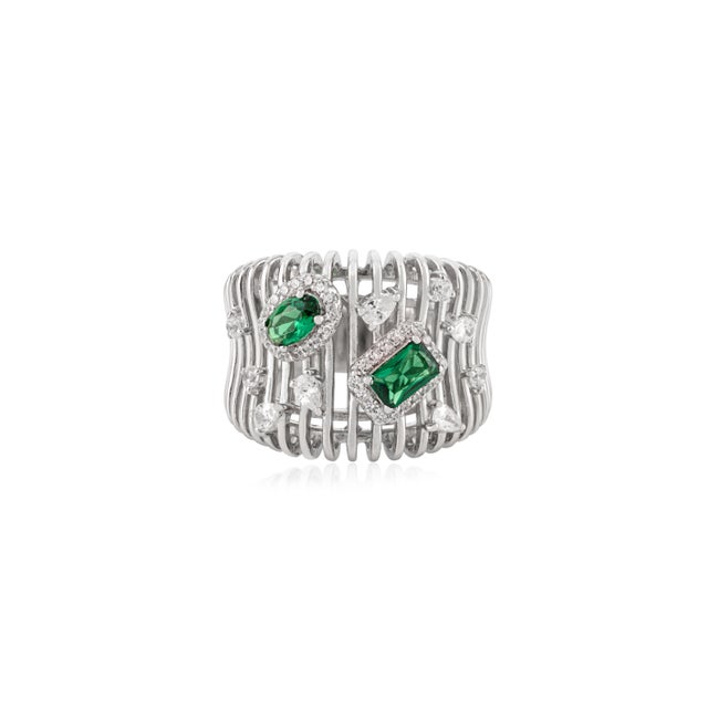 Art Deco Bochic 925 Silver Green Zirconia Cocktail Wide Band Ring- Size 6 For Sale - Image 3 of 11