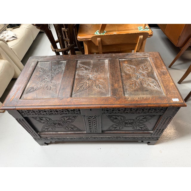 Vintage Carved Oak Coffer For Sale - Image 6 of 6
