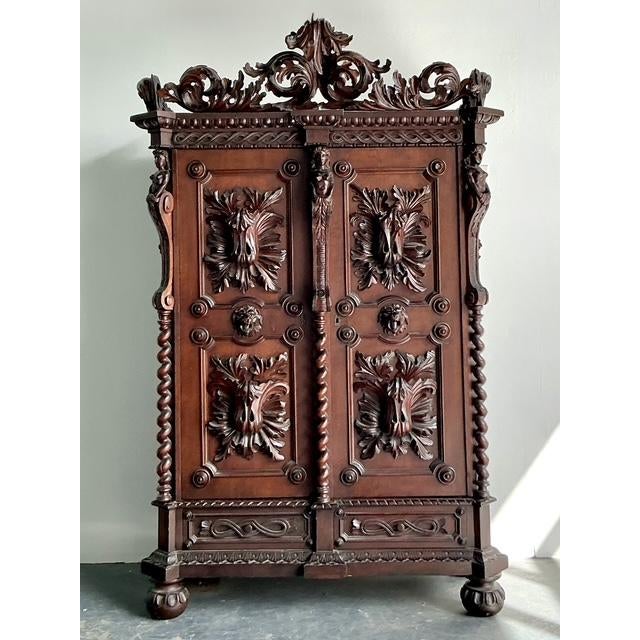Vintage Boho Black Forest Carved Oak Armoire For Sale - Image 4 of 14