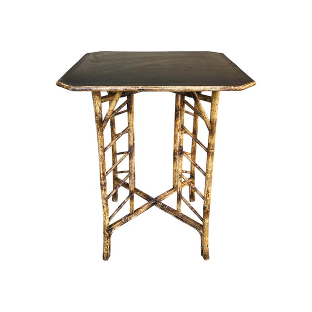 1960s Asian Pagoda Style Bamboo Table & Four Stools With Scenic Painted Panels For Sale - Image 13 of 15