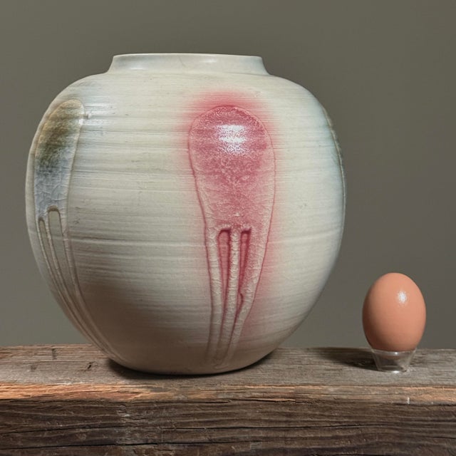 Japanese Vintage Japanese Postmodern Vase With Green/Blue and Red Crackle Glaze Detail, Signed For Sale - Image 3 of 6