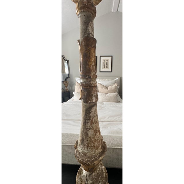 Gold Pair of Antique Italian Painted Wood Candlesticks With Aged Patina For Sale - Image 8 of 15