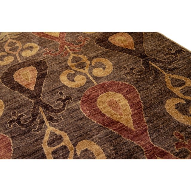 2010s Brown Modern Ikat Handmade Geometric Pattern Designed Wool Rug For Sale - Image 5 of 8