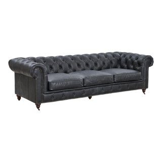 Duplicate Crafters and Weavers Slate Leather Century Chesterfield Sofa For Sale