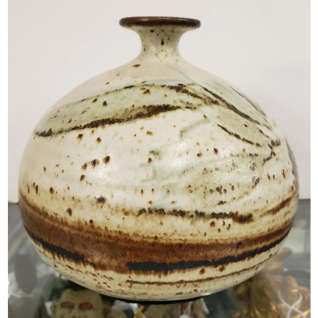 Mid 20th Century Mid 20th Century American Studio Pottery Japanese Wabi-Sabi Style Rotund Baluster Foilage Motif Stoneware Weed Pot Vessel/Vase For Sale - Image 5 of 8