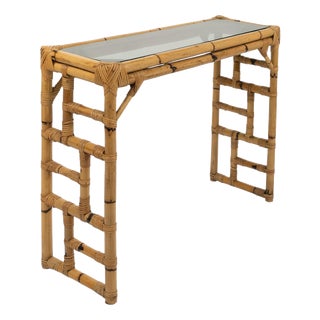 Mid-Century Bamboo, Rattan and Glass Console Table from Vivai del Sud, Italy, 1970s For Sale