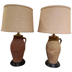 Italian Terracotta Oil Jars Adapted as Lamps, 19th Century - a Pair