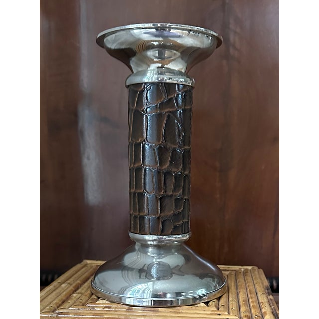 Fabulous 8” Leather and Silverplate Candleholder, dating to the 1990’s. Very handsome Ralph Lauren style candleholder...