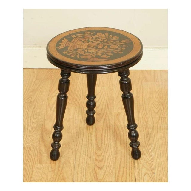 Lovely Laquered Dutch Marquetry stool end side table. Dimensions: Ø 28 x 36.5 H cm