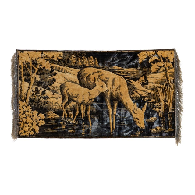 Belgian Woodland Deer Tapestry in Slate Blue and Taupe With Silk Fringe For Sale