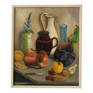 Vintage Mid-Century Modern Oil on Canvas Painting | Fruit and Vessel Still Life Painting | Wood Frame | 20” X 24.5” For Sale