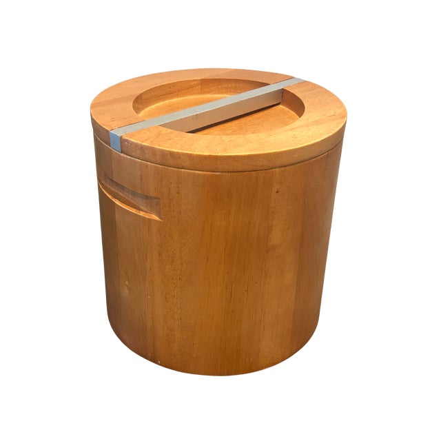 Mid-Century Modern Vintage Mid-Century Modern Wooden Ice Bucket | Scandinavian Teak or Maple Barware With Metal Handle Lid For Sale - Image 3 of 11